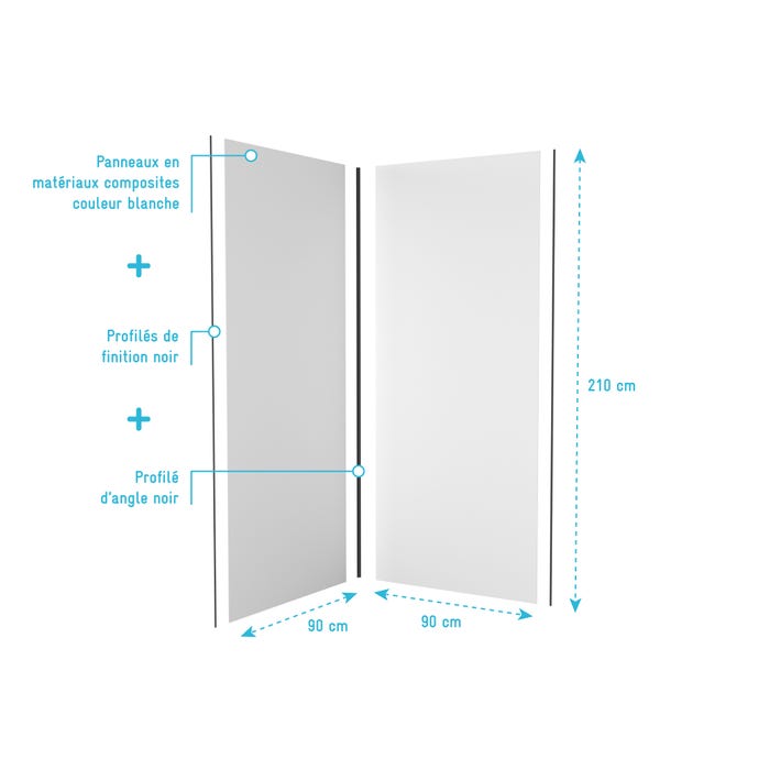 LOT de 2 Panneaux Muraux Aluminium BLANC 90+90x210 cm avec Profilés NOIR MAT - WALL'IT 3