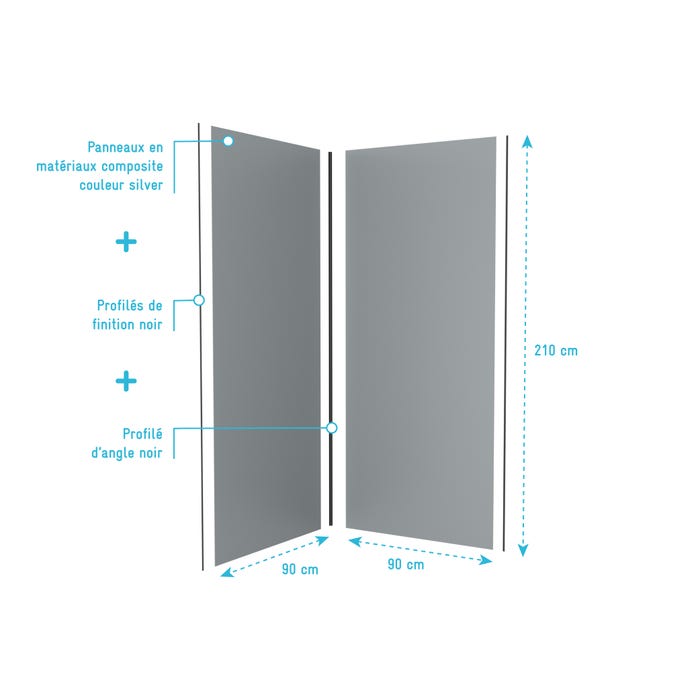 LOT de 2 Panneaux Muraux Aluminium SILVER 90+90x210 cm avec Profilés NOIR MAT - WALL'IT 3
