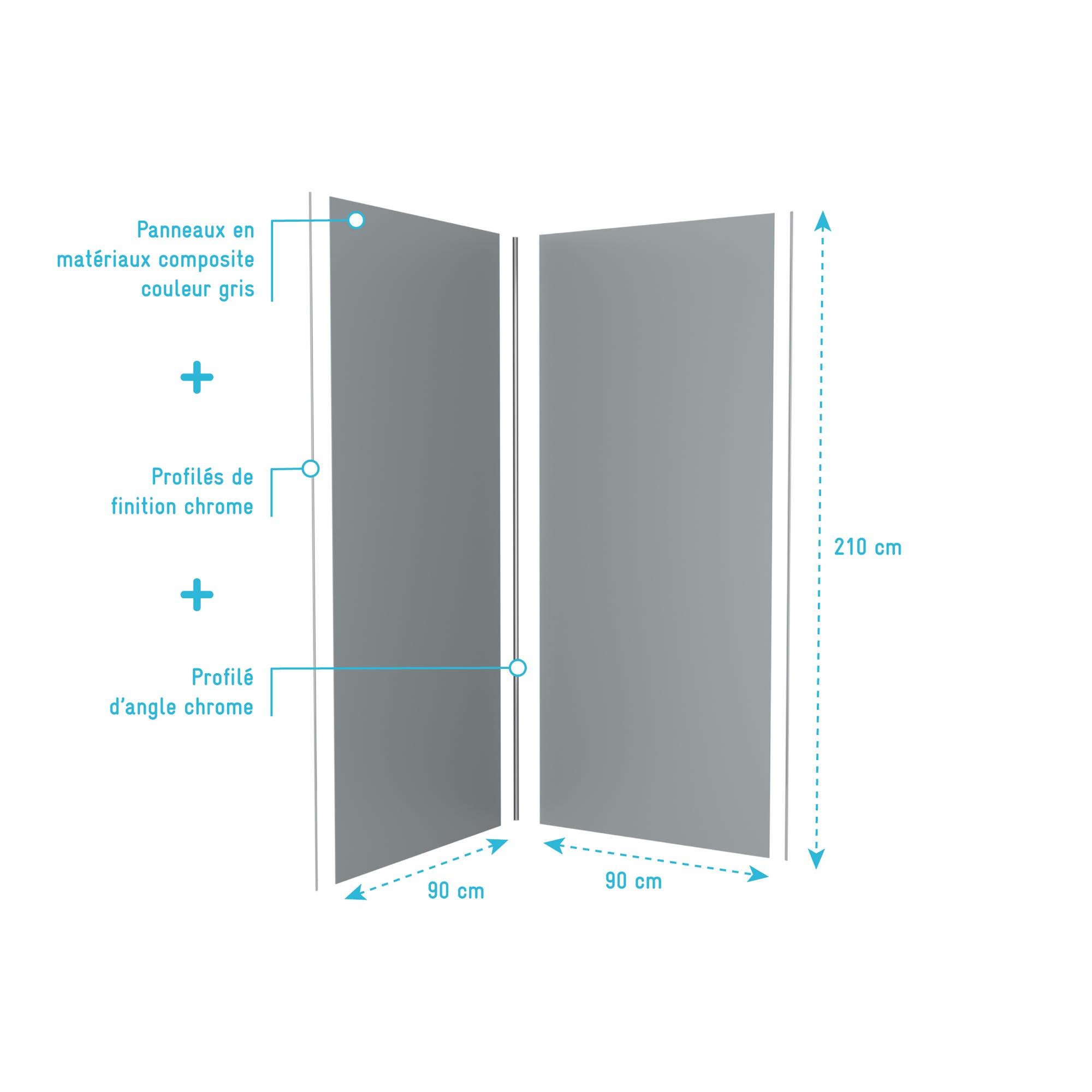 LOT de 2 Panneaux Muraux Aluminium SILVER 90+90x210 cm avec Profilés ANODISE BRILLANT - WALL'IT 3