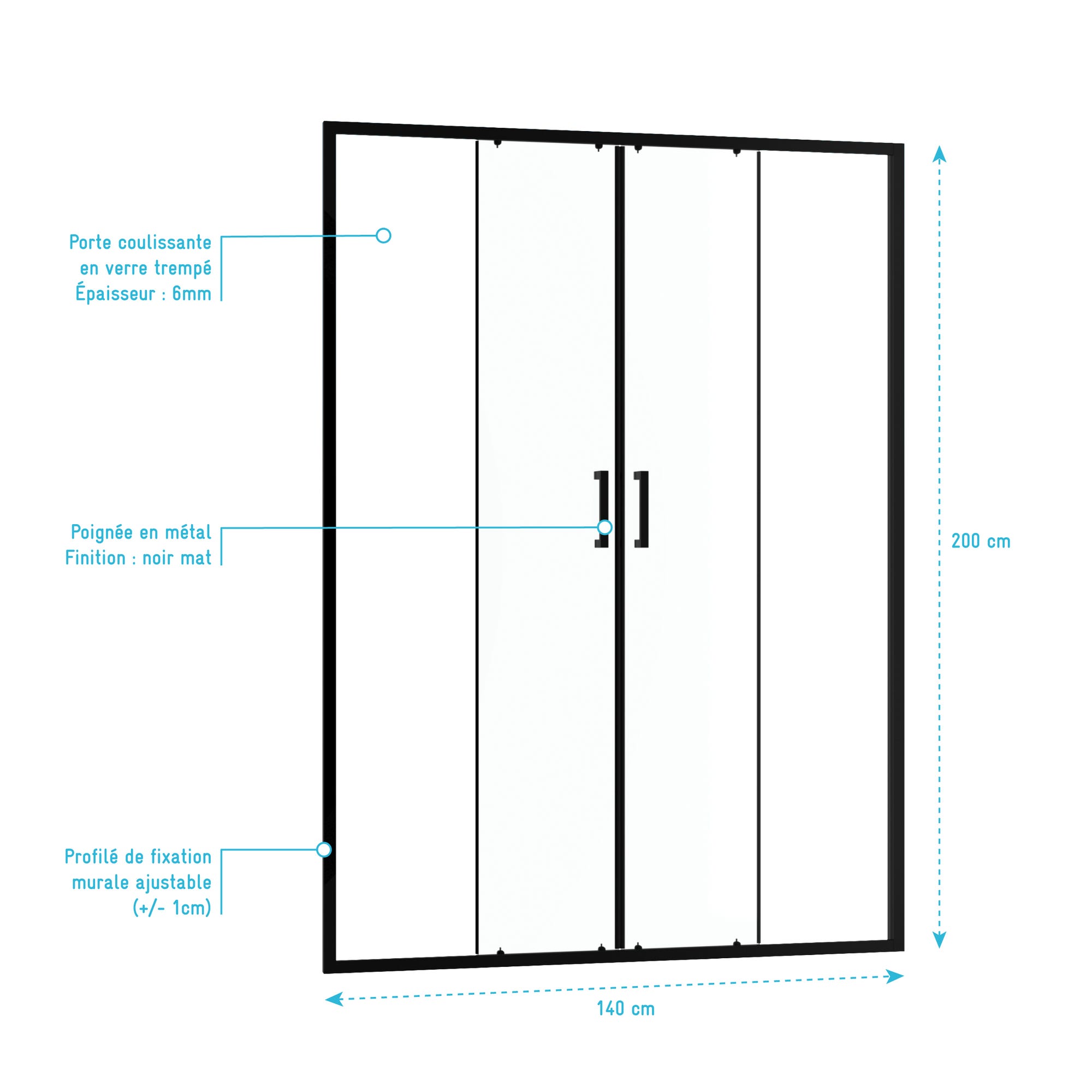 Paroi de douche 2 portes coulissantes 140x200 cm - Verre transparent - Profilé Noir - CRUSH 3