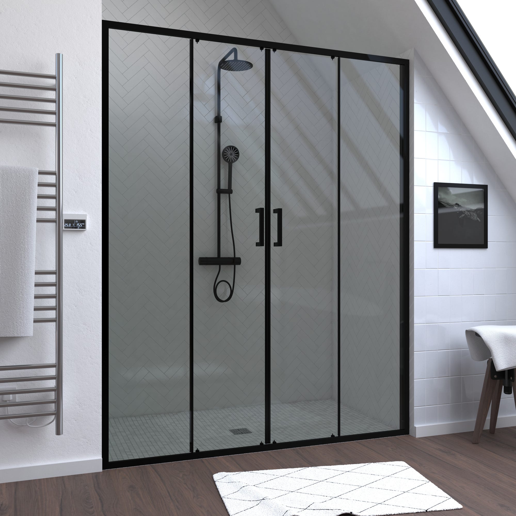 Paroi de douche 2 portes coulissantes 160x200 cm - Verre transparent - Profilé Noir - CRUSH 0