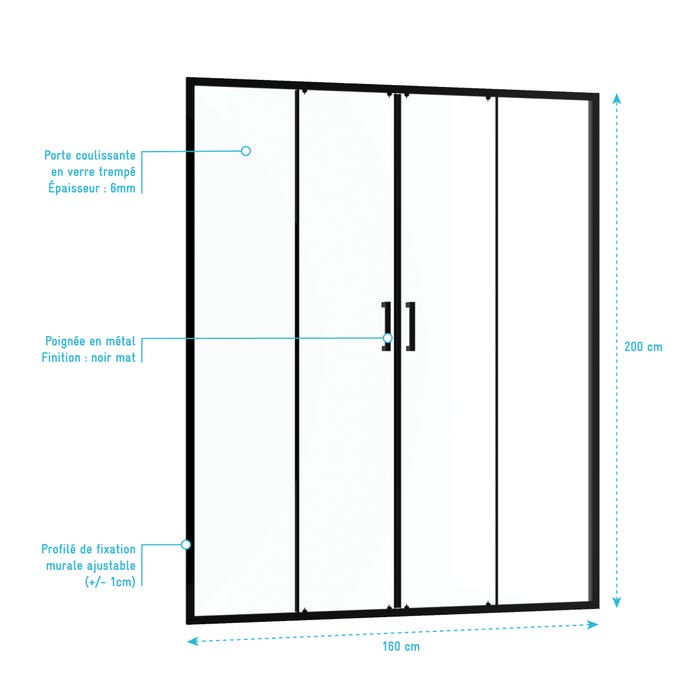 Paroi de douche 2 portes coulissantes 160x200 cm - Verre transparent - Profilé Noir - CRUSH 3