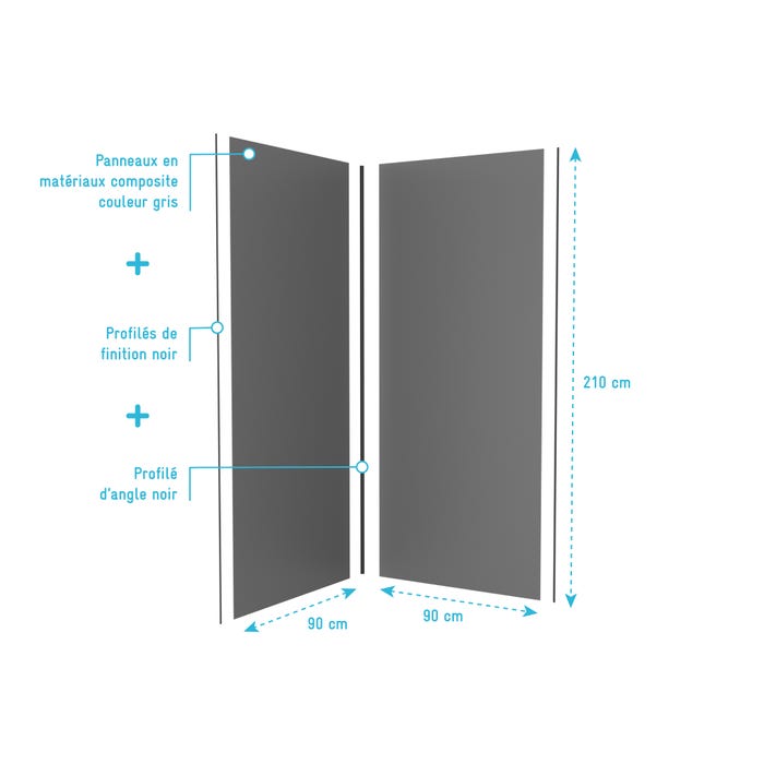 LOT de 2 Panneaux Muraux Aluminium GRIS 90+90x210 cm avec Profilés NOIR MAT - WALL'IT 3