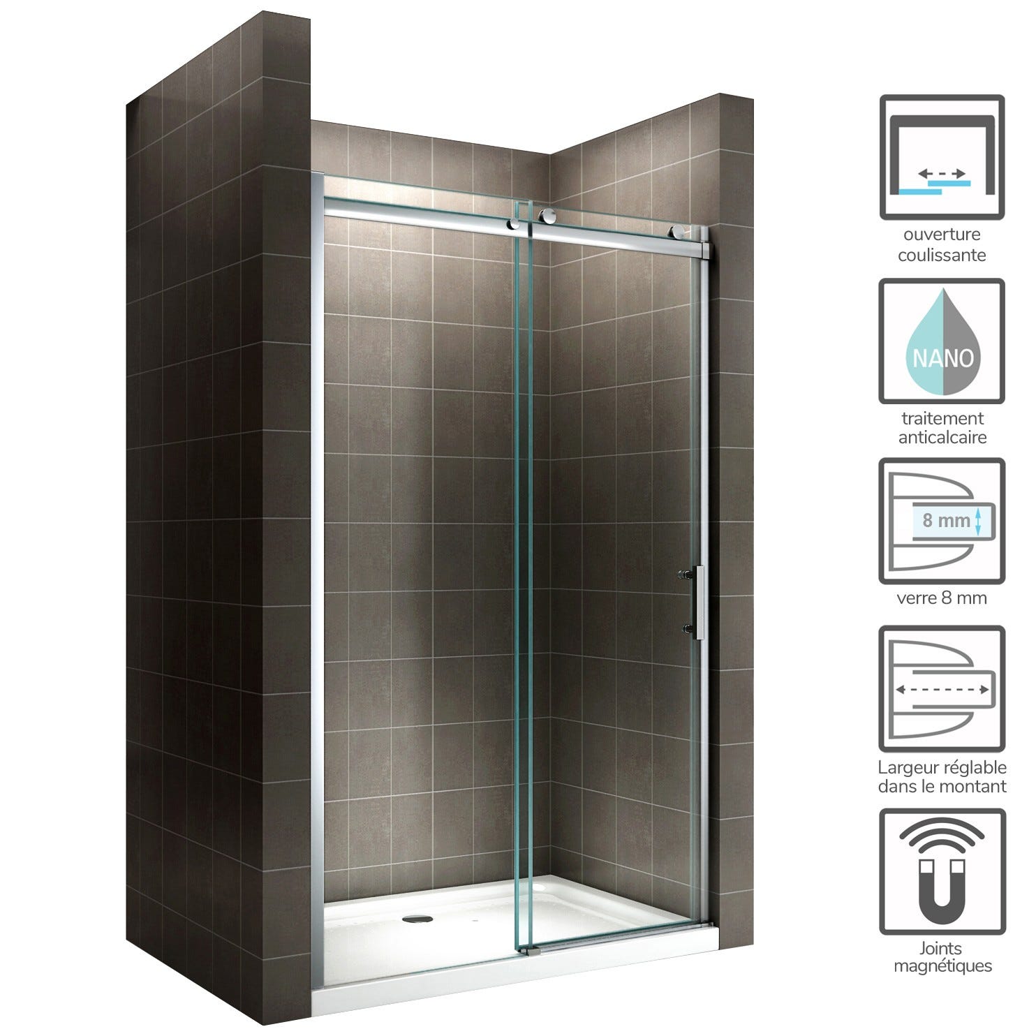 ALIX Porte de douche coulissante H. 200 cm en verre 8 mm transparent largeur 150 cm 1