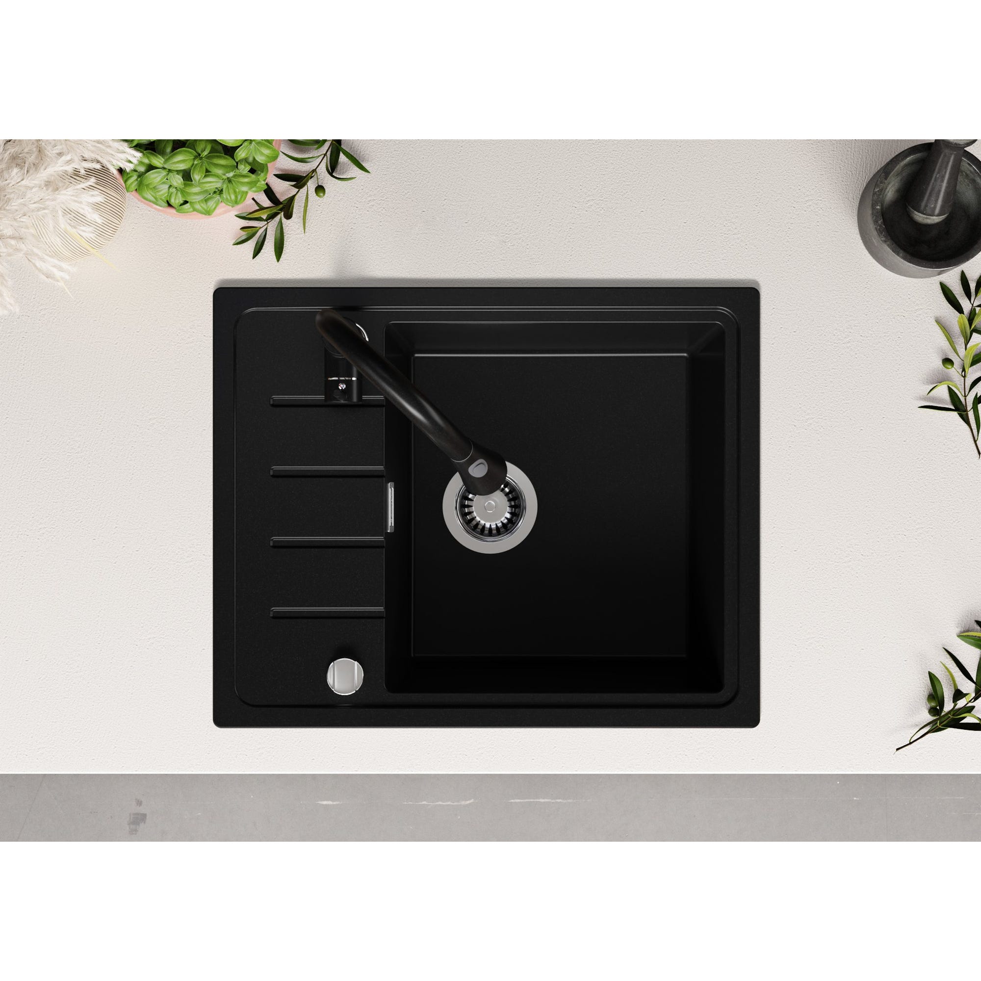 Evier Cuisine en Granit Noir, 62 x 50 cm, Lavabo 1 bac + Kit de Vidage, Évier à Encastrer de Primagran 3
