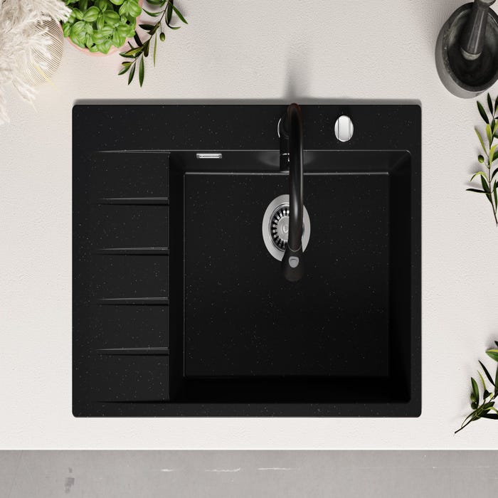 Evier Cuisine en Granit Noir Metallic, 78 x 50 cm, Lavabo 1 bac + Kit de Vidage, Évier à Encastrer de Primagran 3