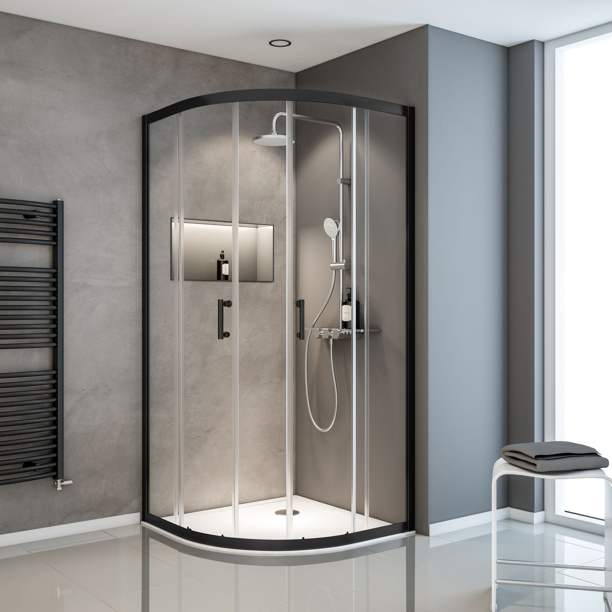 Schulte paroi de douche acces d'angle arrondi, 90 x 90 x 190 cm avec portes de douche coulissantes, 5 mm, verre transparent, noir, Sunny 0