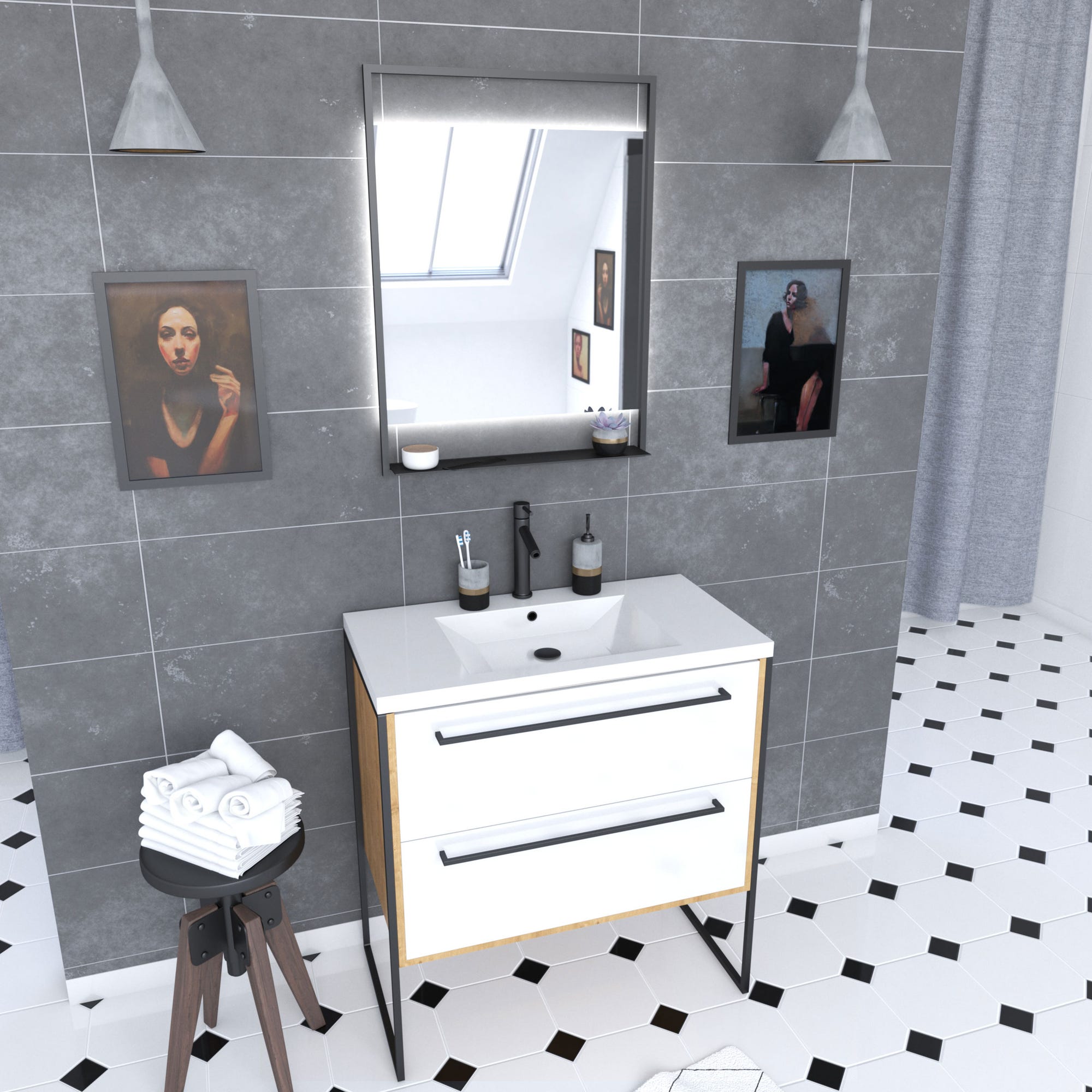 Ensemble de salle de bain blanc 80cm+ vasque en resine blanche 80x50 + tiroirs blanc mat + mirroir 0