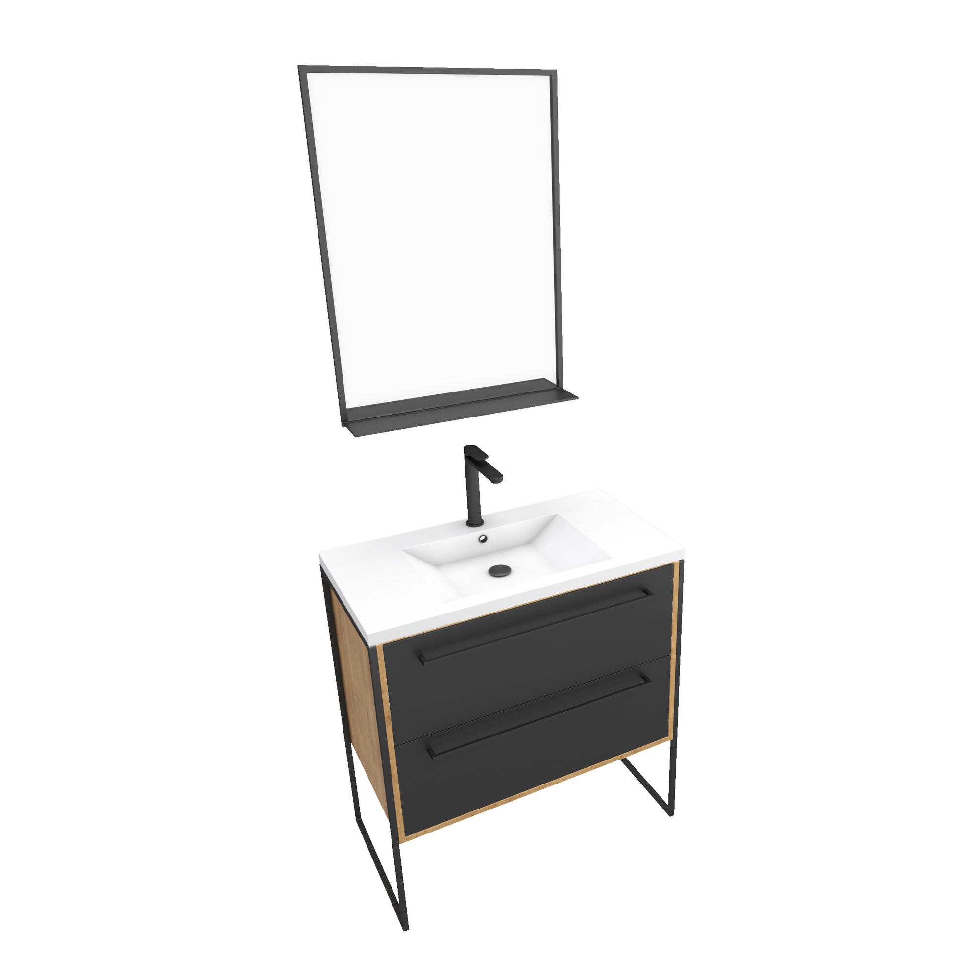 Meuble de salle de bain 80x50cm - vasque blanche 80x50cm - 2 tiroirs noir mat + miroir 2
