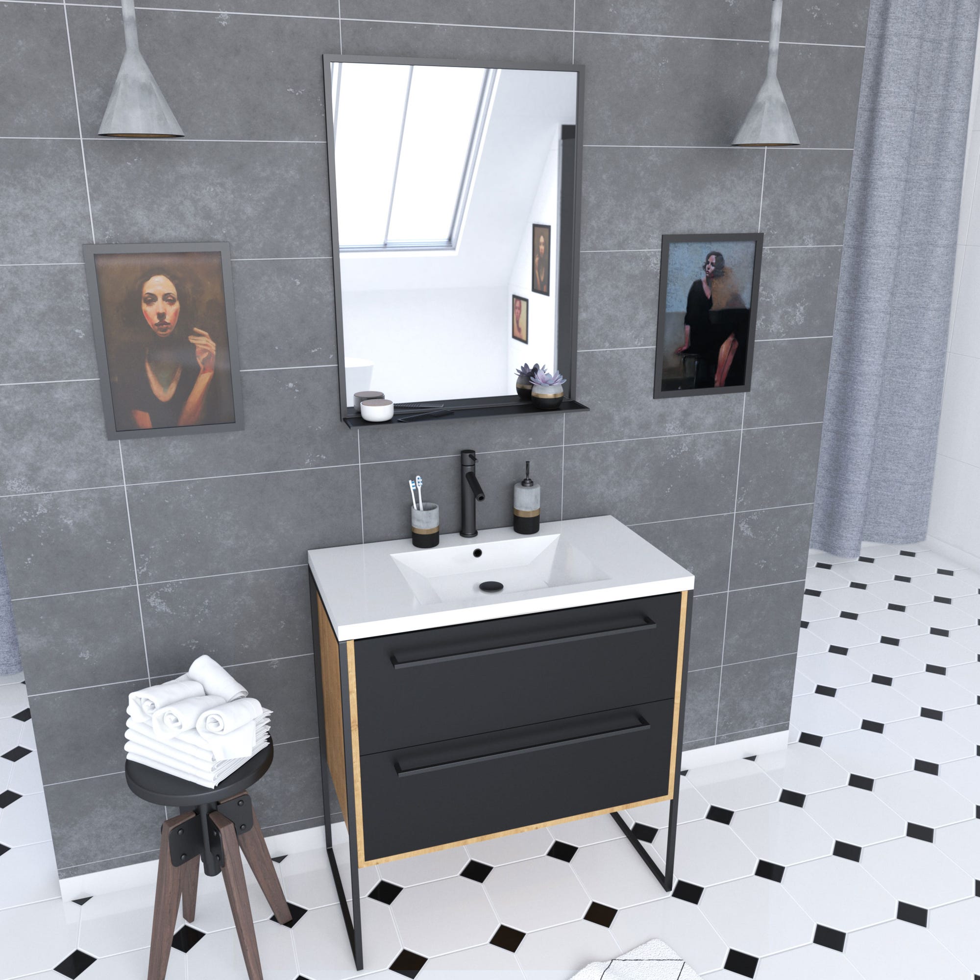 Meuble de salle de bain 80x50cm - vasque blanche 80x50cm - 2 tiroirs noir mat + miroir 0