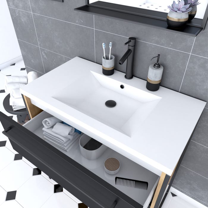 Meuble de salle de bain 80x50cm - vasque blanche 80x50cm - 2 tiroirs noir mat + miroir 1