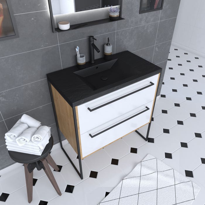 Meuble de salle de bain 80x50cm - vasque noir effet pierre 80x50cm - 2 tiroirs 0