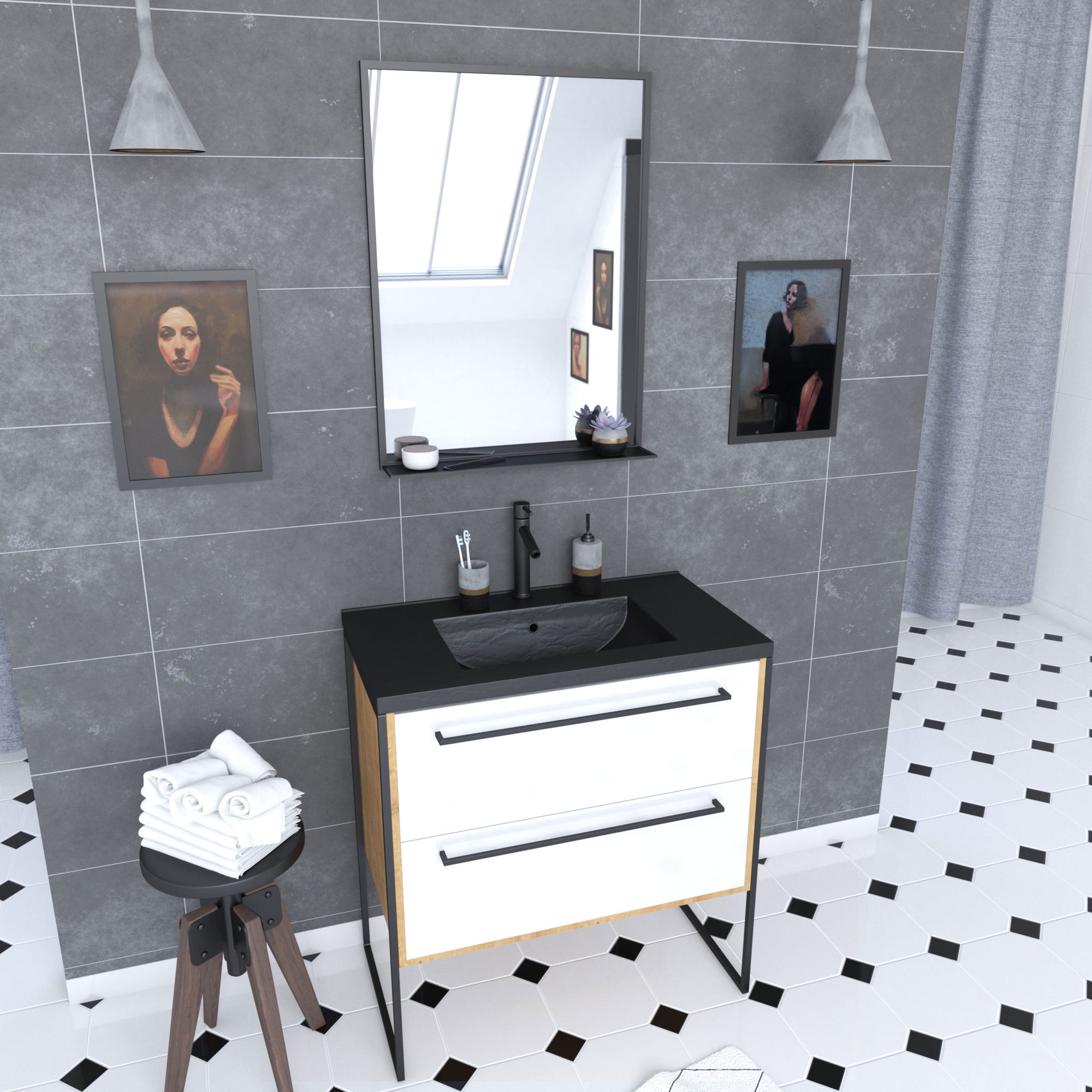 Meuble de salle de bain 80x50cm - vasque noir effet pierre 80x50cm - 2 tiroirs + miroir 0