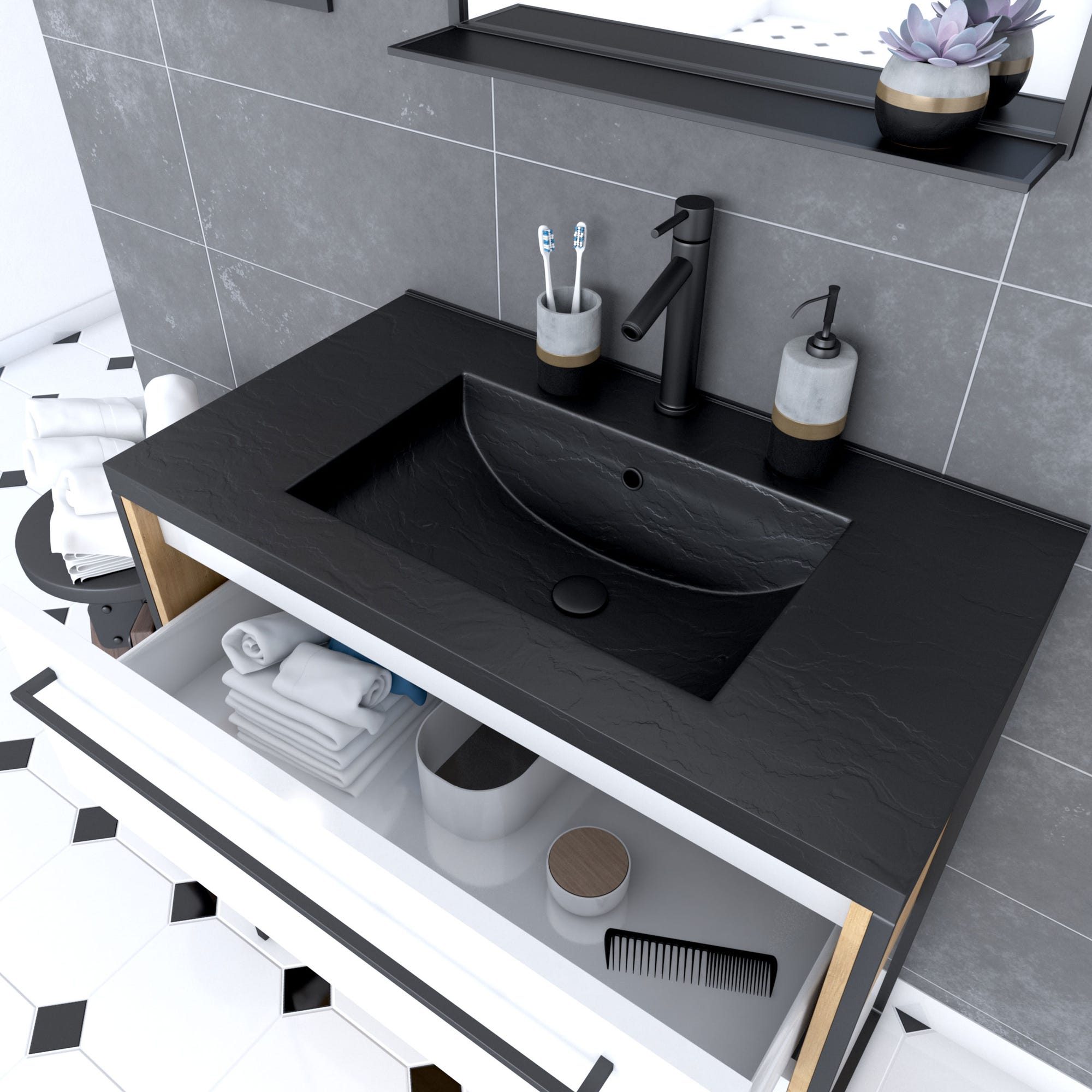 Meuble de salle de bain 80x50cm - vasque noir effet pierre 80x50cm - 2 tiroirs + miroir 1