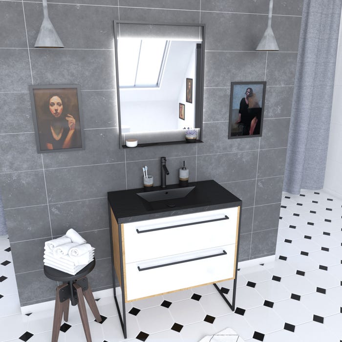 Meuble de salle de bain 80x50cm - vasque noir effet pierre 80x50cm - 2 tiroirs - miroir led 0