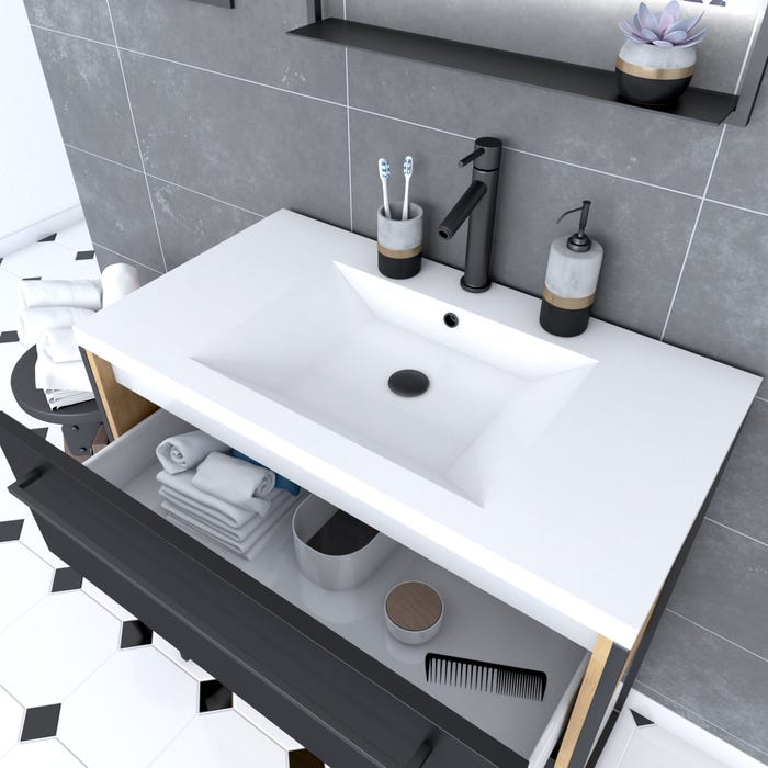 Meuble salle de bain 80x50cm - vasque blanche 80x50 cm - 2 tiroirs noir mat + miroir LED 1