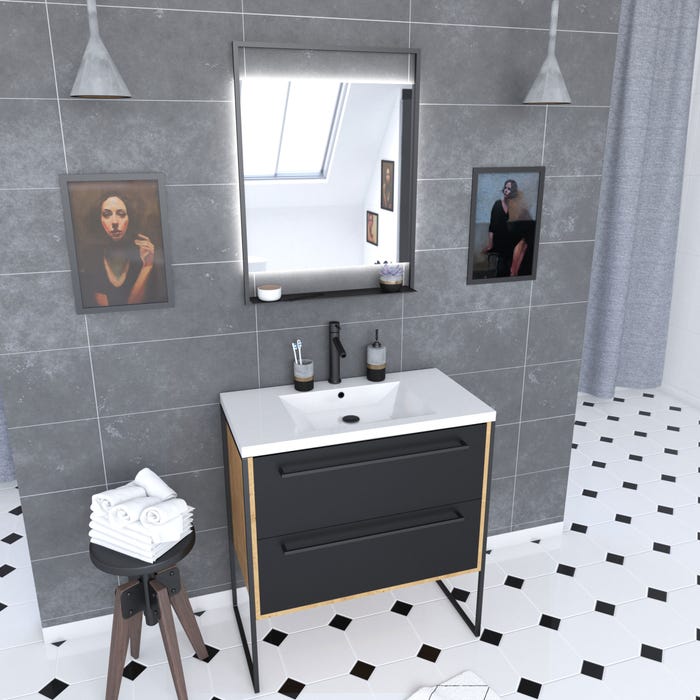 Meuble salle de bain 80x50cm - vasque blanche 80x50 cm - 2 tiroirs noir mat + miroir LED 0