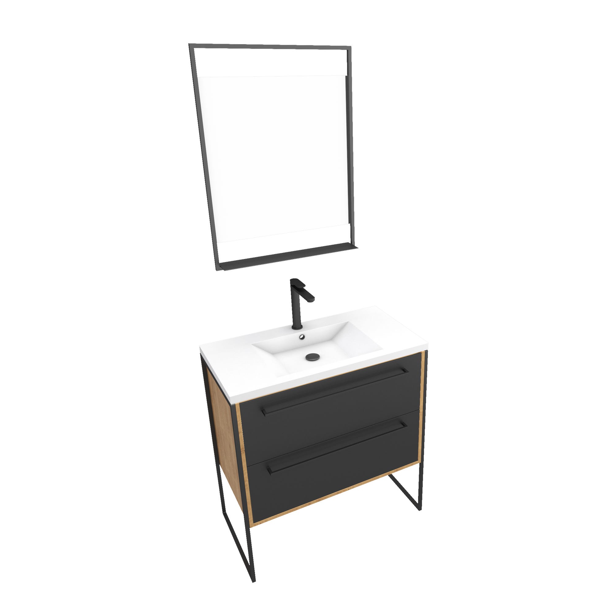 Meuble salle de bain 80x50cm - vasque blanche 80x50 cm - 2 tiroirs noir mat + miroir LED 2