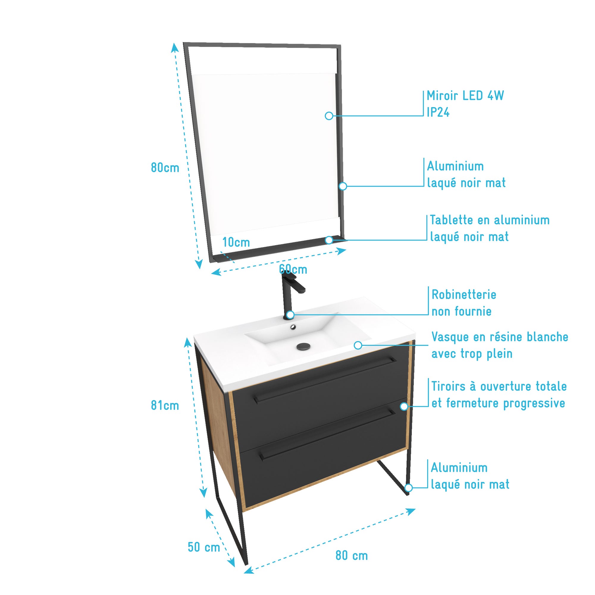 Meuble salle de bain 80x50cm - vasque blanche 80x50 cm - 2 tiroirs noir mat + miroir LED 3