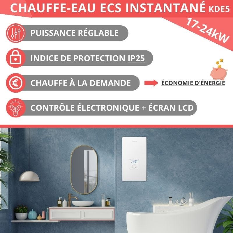 Chauffe-eau ECS instantané 17 à 24 kW commande électronique 400V LCD - KDE5 Kospel 2