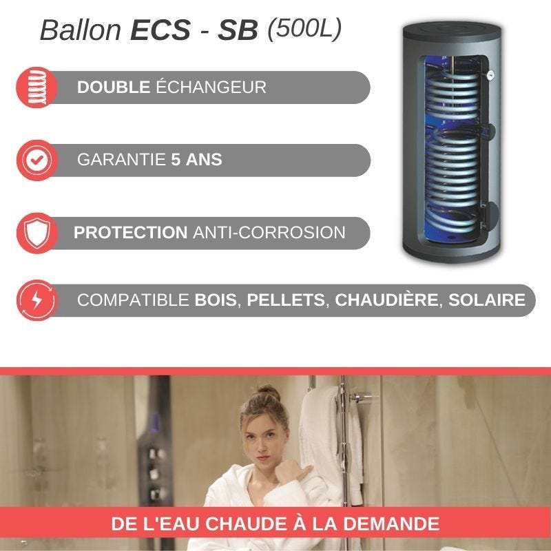 Ballon préparateur d'eau chaude sanitaire émaillé Kospel - 2 échangeurs - 500L 1