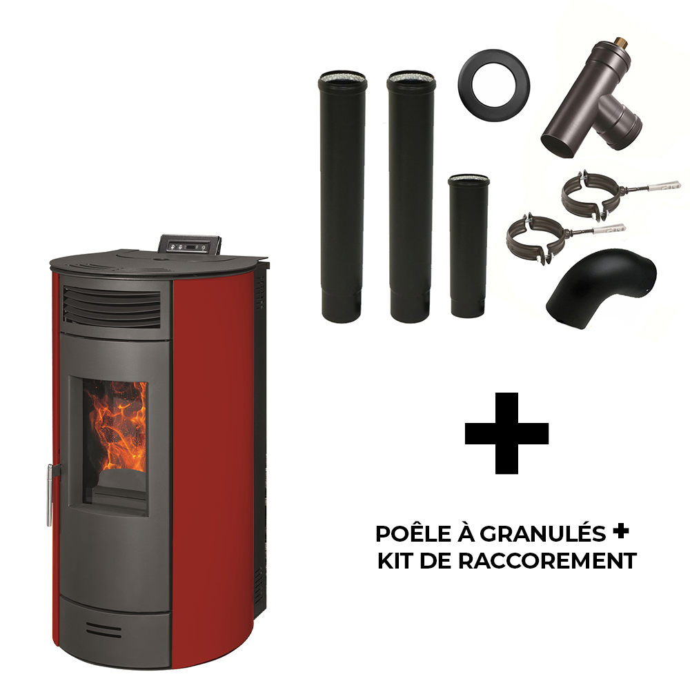 Poêle à granulés air Flavia 13 kW Sannover Bordeaux + Kit Raccordement Fumisterie