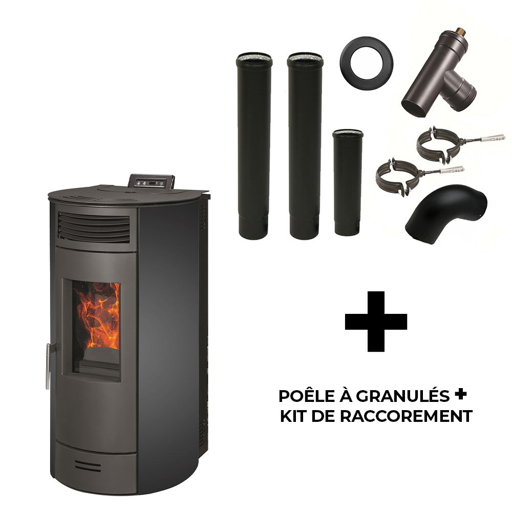 Poêle à granulés air Flavia 13 kW Sannover Noir + Kit Raccordement Fumisterie
