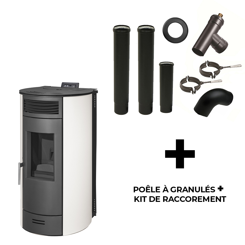 Poêle à granulés air Flavia 13 kW Sannover Blanc + Kit Raccordement Fumisterie