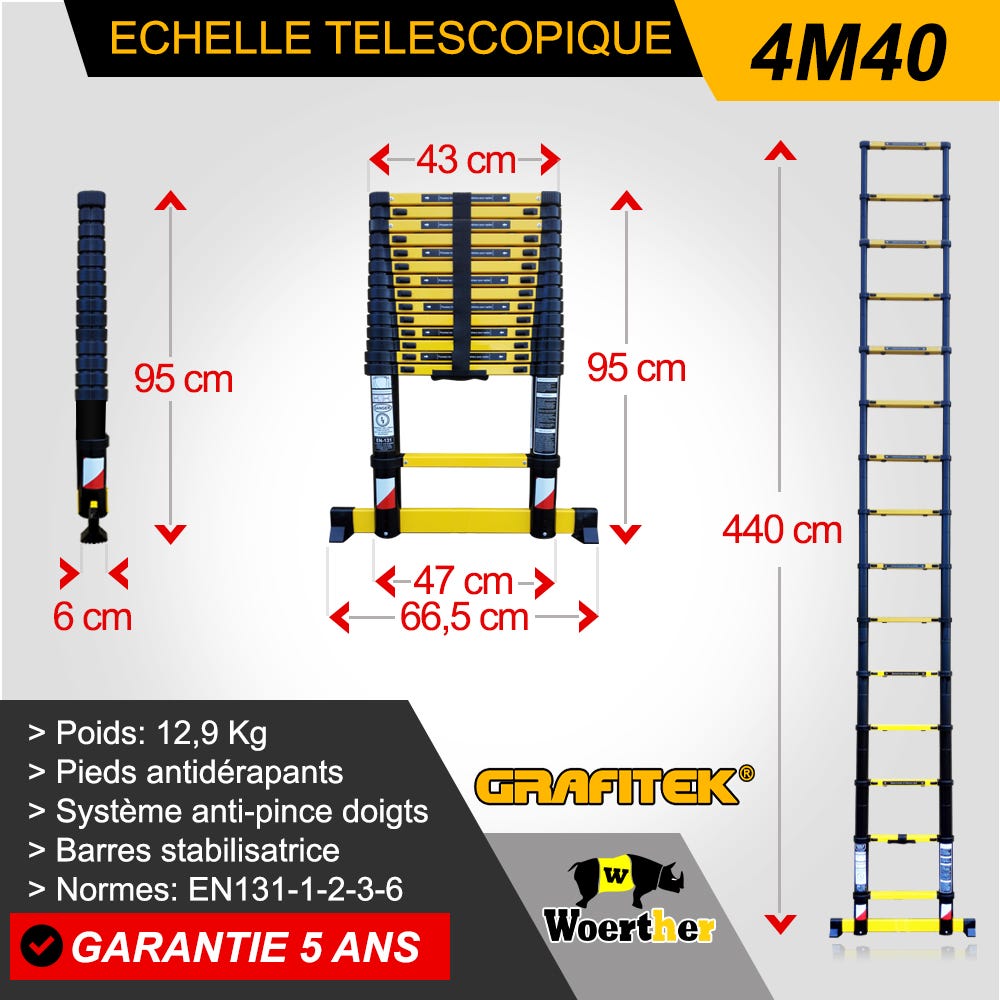 Echelle Télescopique Woerther 4m40 - Avec sac porte outils - Avec Barre Stabilisatrice - Qualité Supérieure - Garantie 5 ans 1