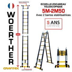 Echelle-escabeau télescopique 5m/2m50 Woerther avec double barres stabilisatrices - Garantie 5 ans - Qualité supérieure 0