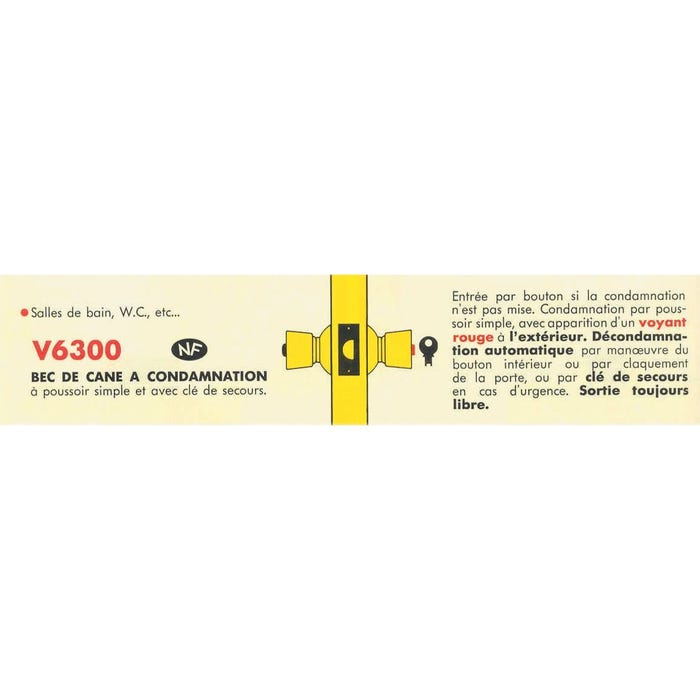 Serrure tubulaire V 6300 bec de canne à condamnation axe 80mm bouton standard finition laiton poli - VACHETTE - 19030000 1