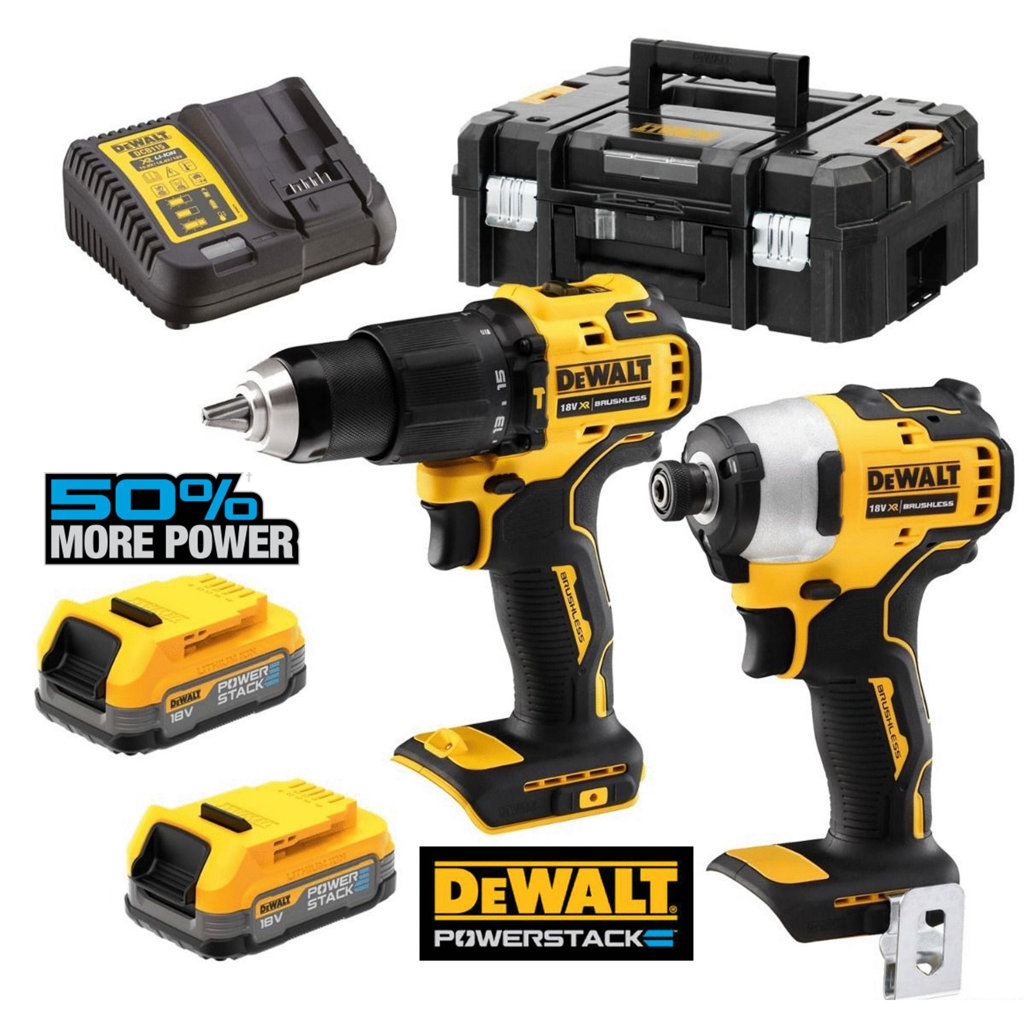 Pack de 2 outils 18V POWERSTAK (DCD709/DCF809) + 2 batteries 1,7 Ah + chargeur en coffret T-STAK - DEWALT - DCK2062E2T