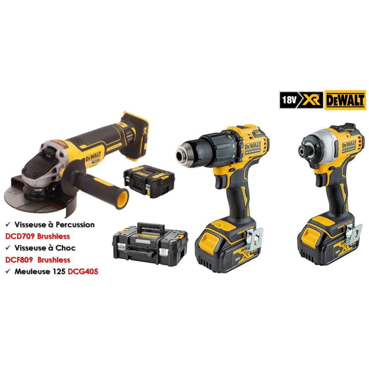 Pack de 3 outils 18V (DCD709 + DCF809 + DCG405) + 2 batteries 4Ah + chargeur + TSTAK - DEWALT