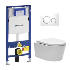 Pack WC Bati-support Geberit Cuvette SAT rimless fixations invisibles + Abattant softclose + Plaque blanc chrome GebSatrimless-C 0