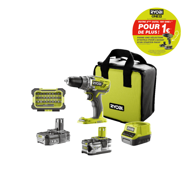 Perceuse visseuse RYOBI - R18DD3-2415BSA31 - OnePlus 18V - 1 batterie 4.0 Ah - 1 batterie 1.5 Ah - 1 chargeur - 1 coffret accessoires