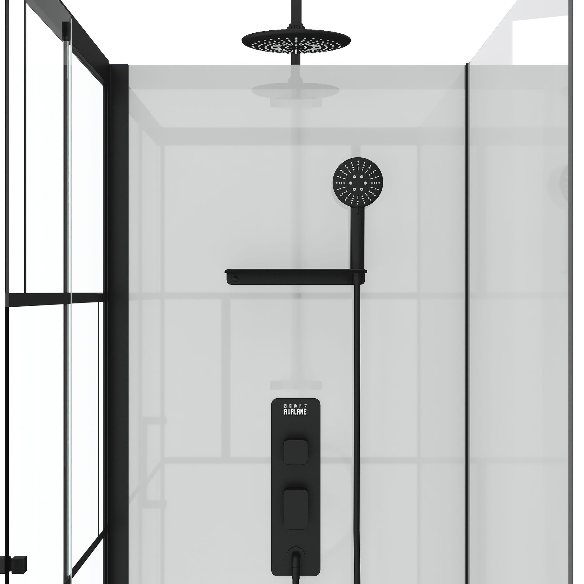 Cabine de douche 110x80cm / Receveur Haut - Verre transparent sérigraphié et Blanc - Profilés Noir 1