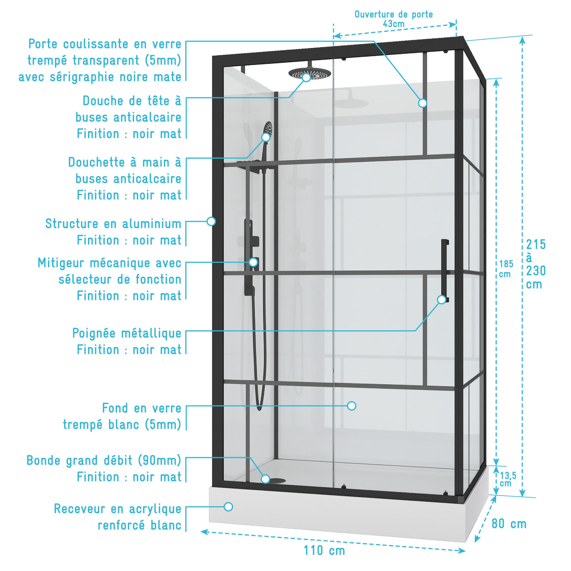 Cabine de douche 110x80cm / Receveur Haut - Verre transparent sérigraphié et Blanc - Profilés Noir 3