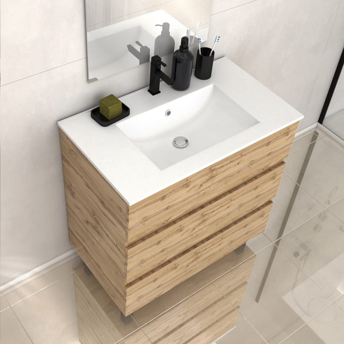 Meuble de salle de bains 80cm 3 Tiroirs_Chêne Naturel + Vasque céramique blanche - TIMBER 80 4