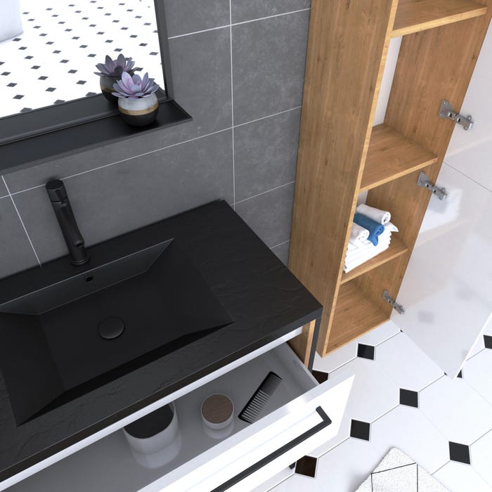 Meuble de salle de bain 80x50cm - vasque noir effet pierre 80x50cm - 2 tiroirs - colonne - miroir 1