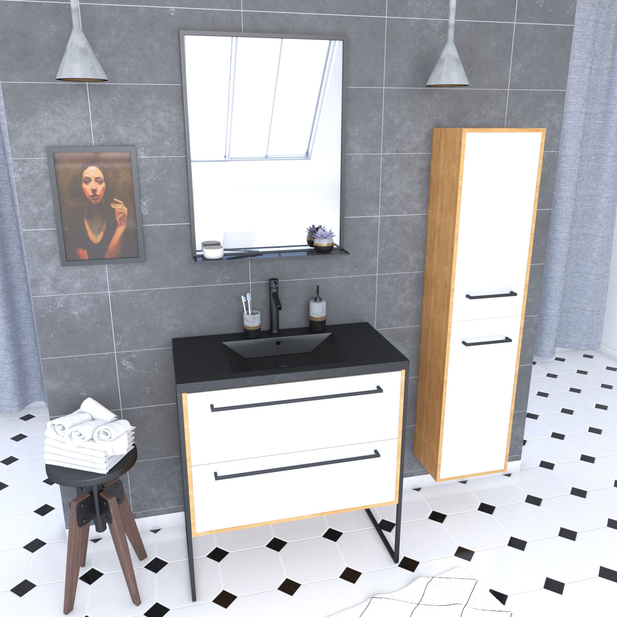 Meuble de salle de bain 80x50cm - vasque noir effet pierre 80x50cm - 2 tiroirs - colonne - miroir 0