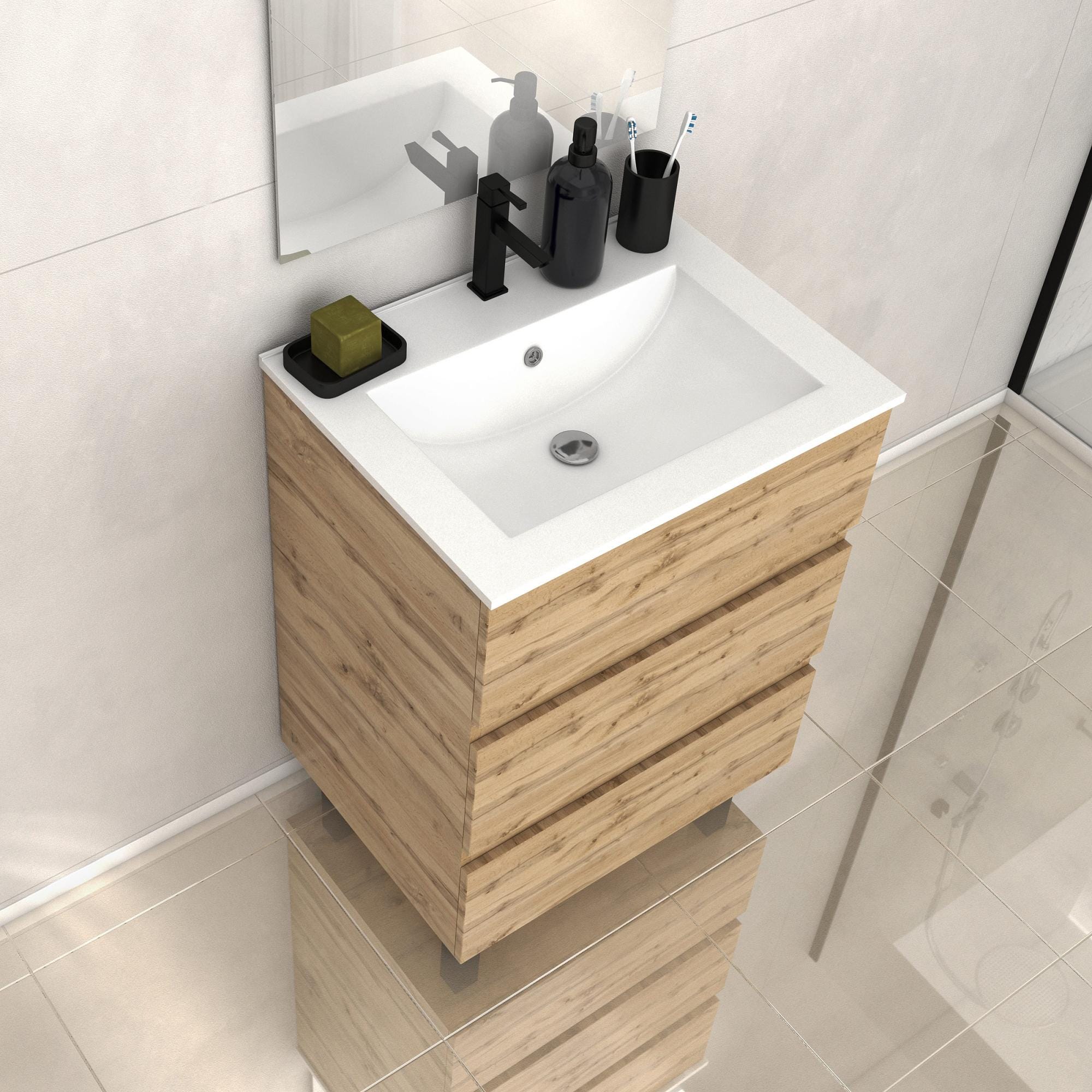 Meuble de salle de bains 60cm 3 Tiroirs_Chêne Naturel + Vasque céramique blanche - TIMBER 60 4