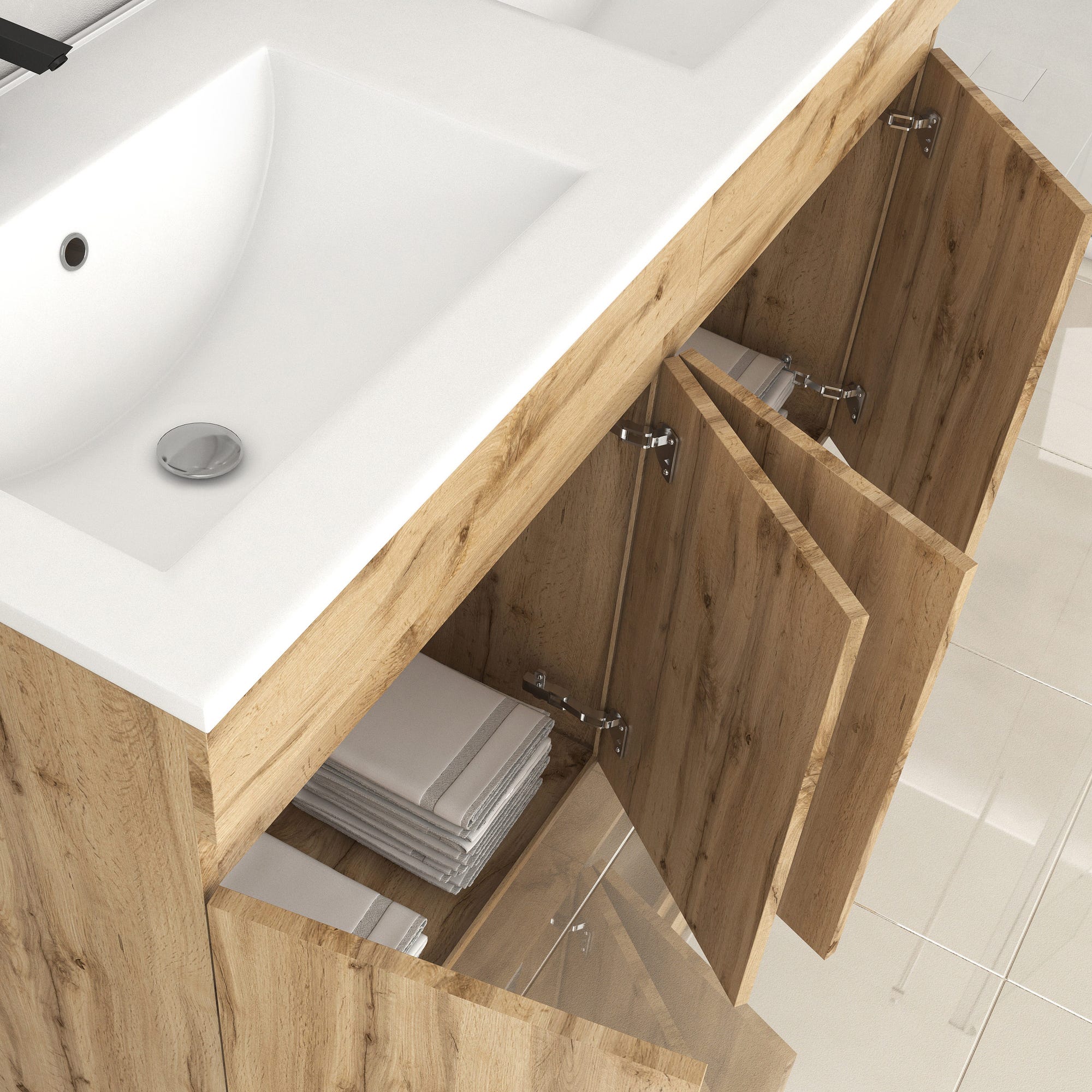 Meuble de salle de bains 120cm 4 Portes_Chêne Naturel + Vasque céramique blanche - TIMBER 120 1