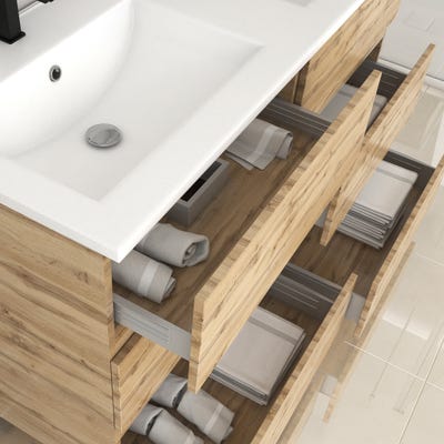 Meuble salle de bains 120cm 6 tiroirs chêne industriel + vasque