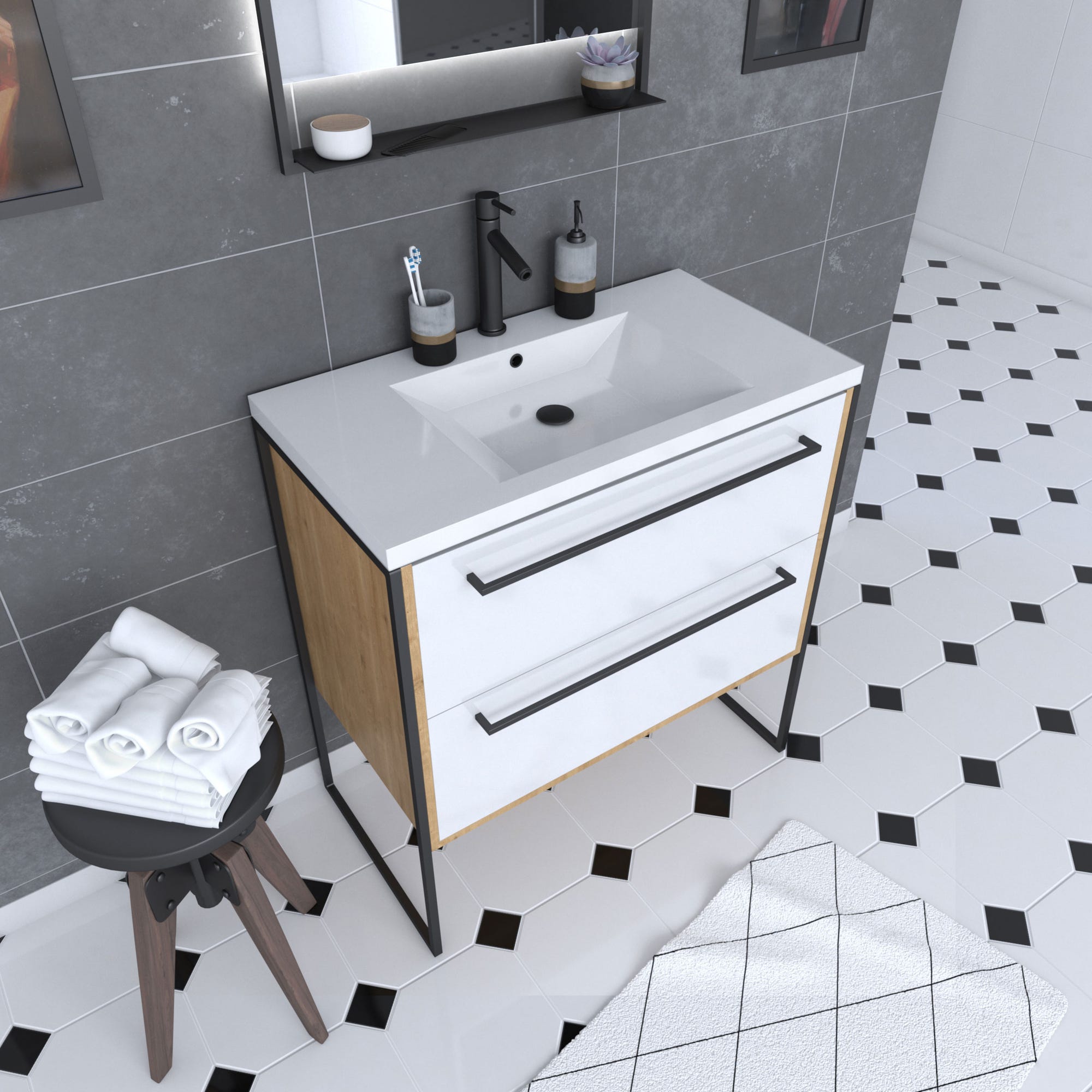 Ensemble Meuble de salle de bain blanc 80cm + vasque en résine blanche 80x50 + tiroirs blanc mat 0