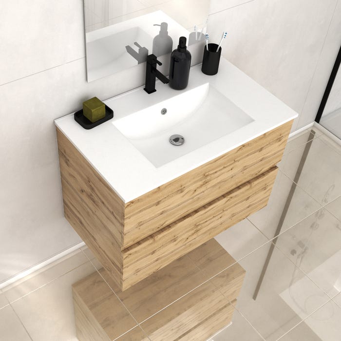 Meuble de salle de bains 80cm 2 Tiroirs_Chêne Naturel + Vasque céramique blanche - TIMBER 80 4