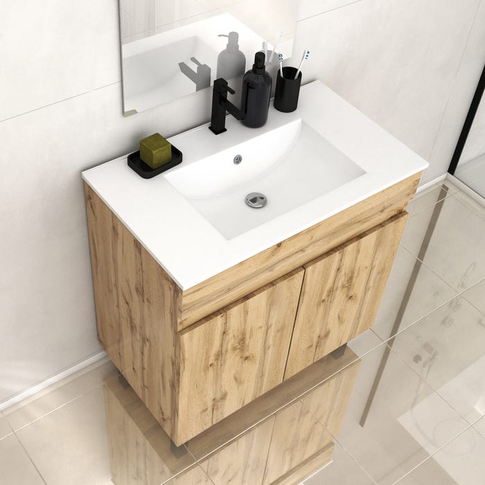 Meuble de salle de bains 80cm 2 Portes_Chêne Naturel + Vasque céramique blanche - TIMBER 80 4
