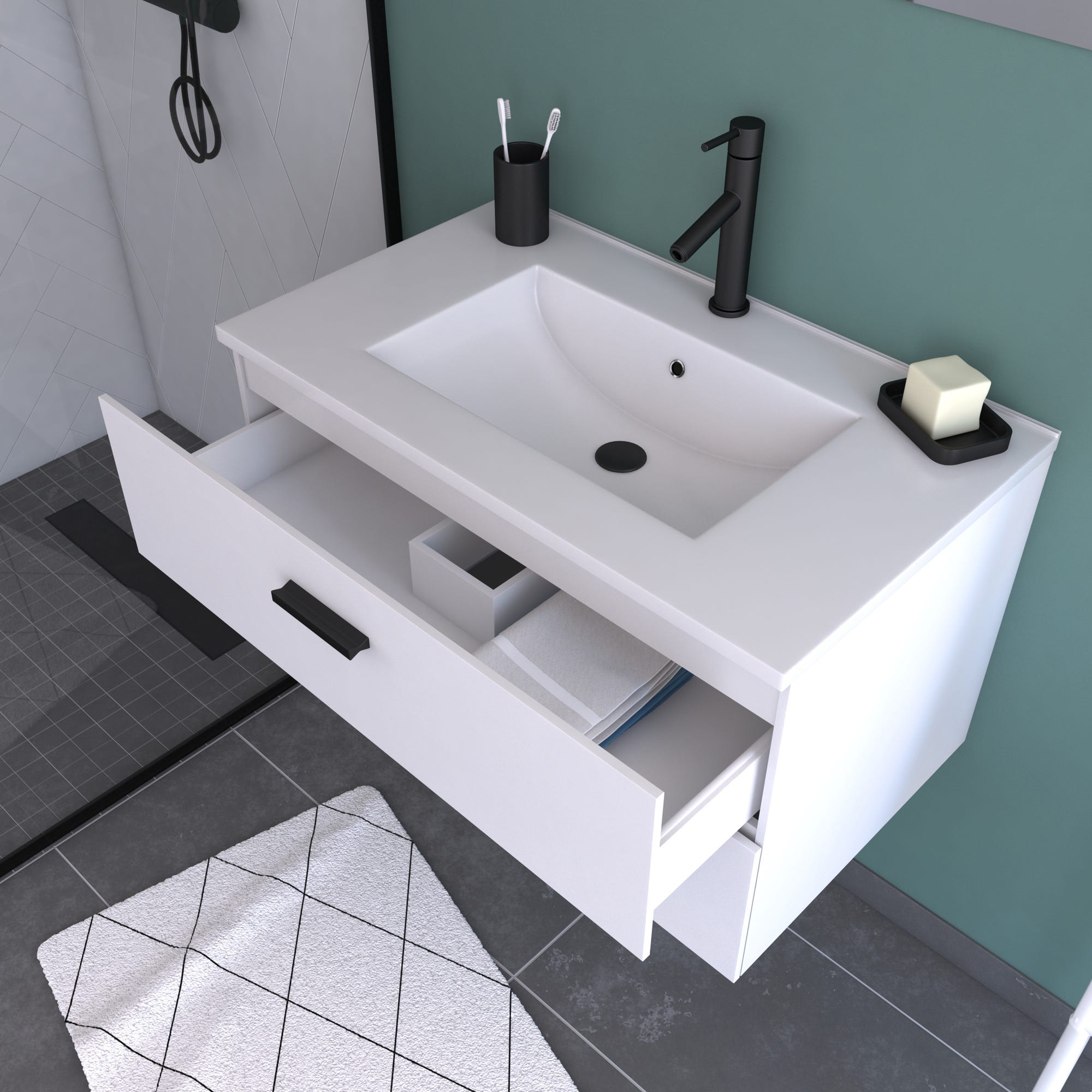 Meuble salle de bains 80 cm 2 Tiroirs Blanc avec Vasque blanche, miroir et applique Led - BOX LED 1