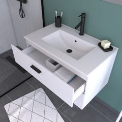 Meuble salle de bains 80 cm 2 Tiroirs Blanc avec Vasque blanche, miroir et applique Led - BOX LED 1