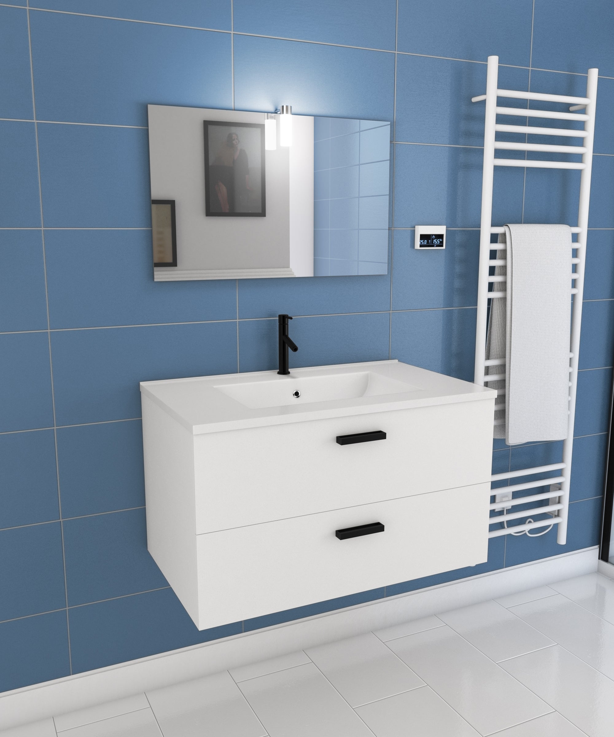 Meuble salle de bain 80 cm monte suspendu blanc H46xL80xP45cm - avec  tiroirs - vasque et miroir