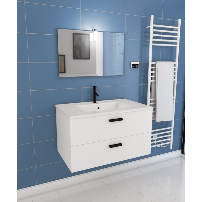 Meuble salle de bains 80 cm 2 Tiroirs Blanc avec Vasque blanche, miroir et applique Led - BOX LED 0